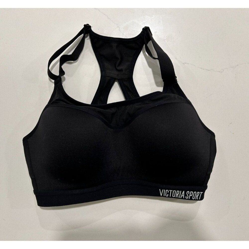 Victoria Secret Sport Bra Women 32C Black Padded Adjustable Strap Fit Racer Back